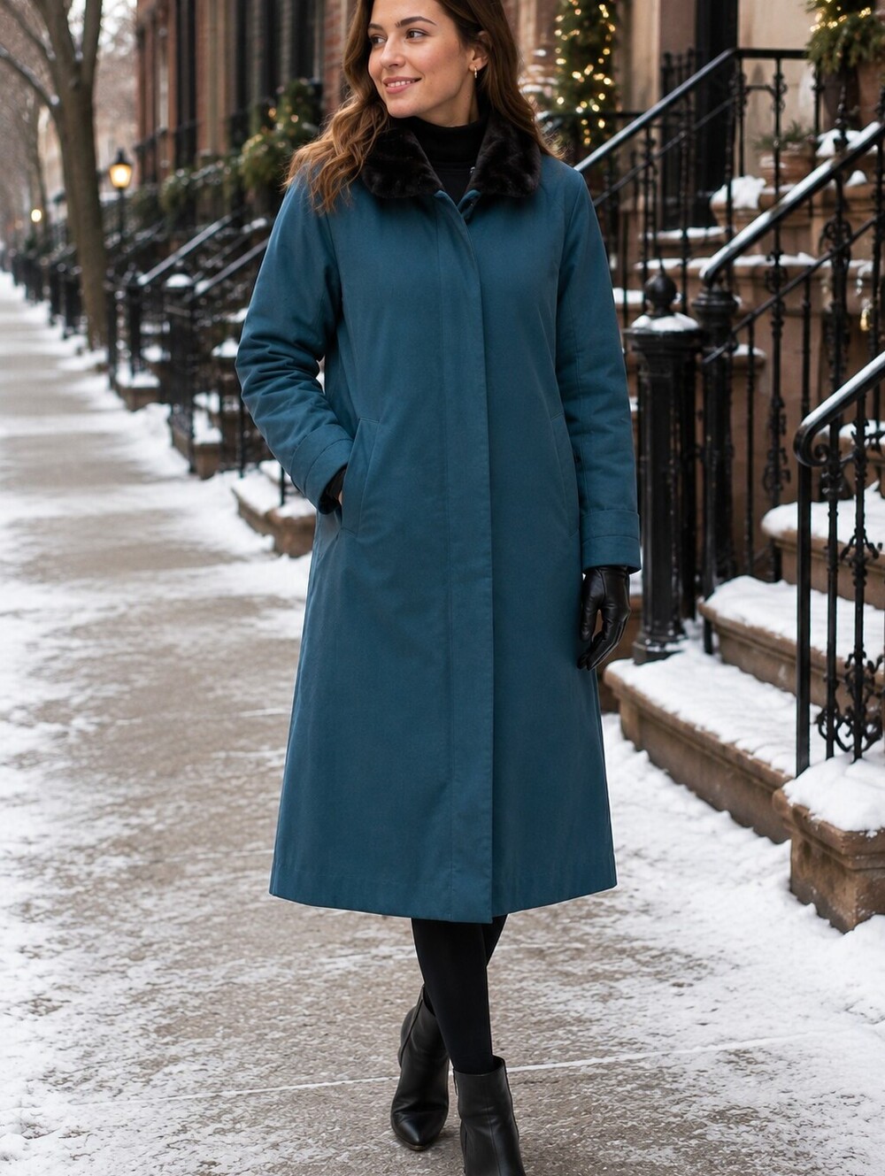 Vintage J.G. Hook Size 14 Petite Teal Black Faux Fur Collar Long Swing Coat
